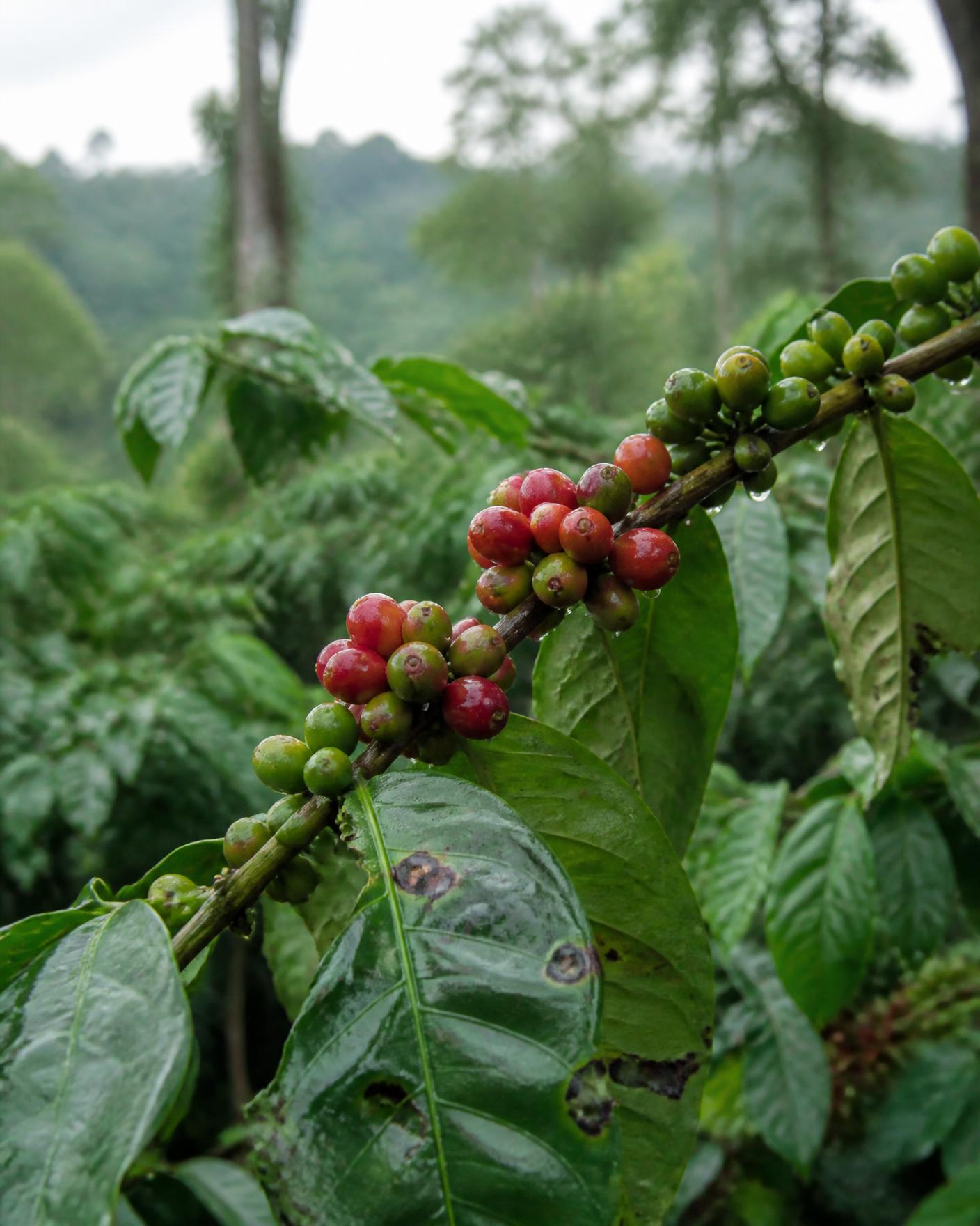 Ripening coffee cherries on the estate